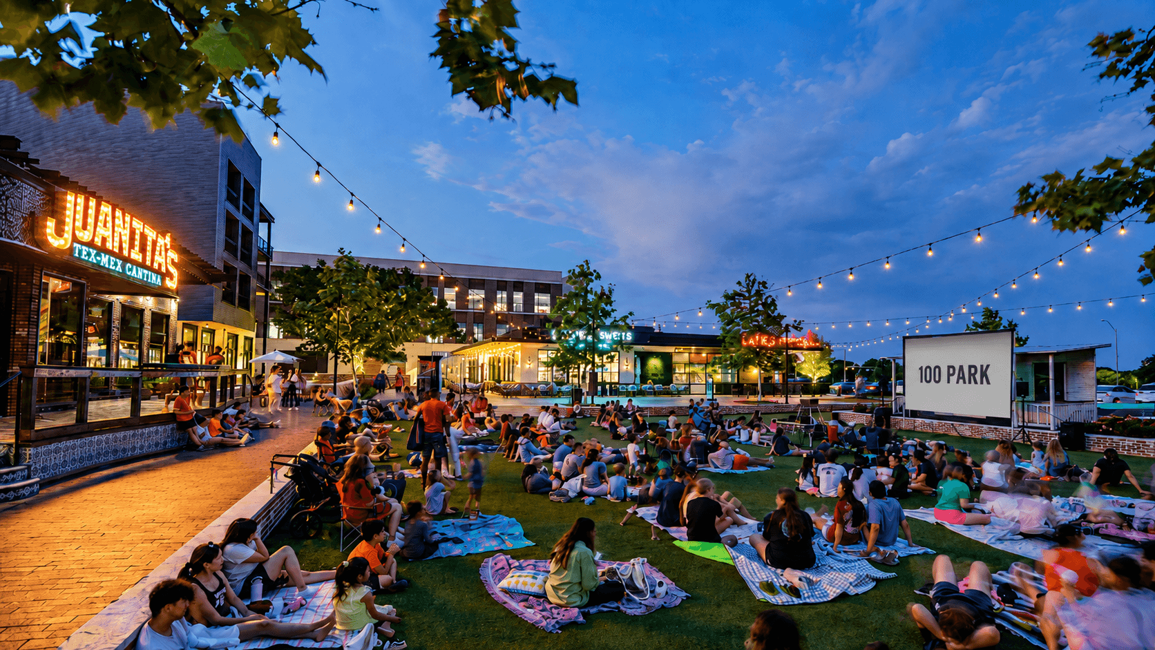 Century Square  The Green outdoor lawn and dining district, College Station TX